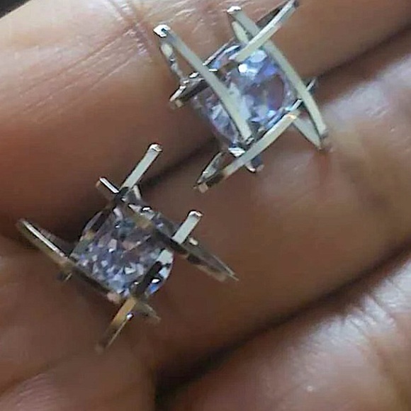 Silver Caged Zircon 3D Stud Geometric Earrings - Picture 5 of 8